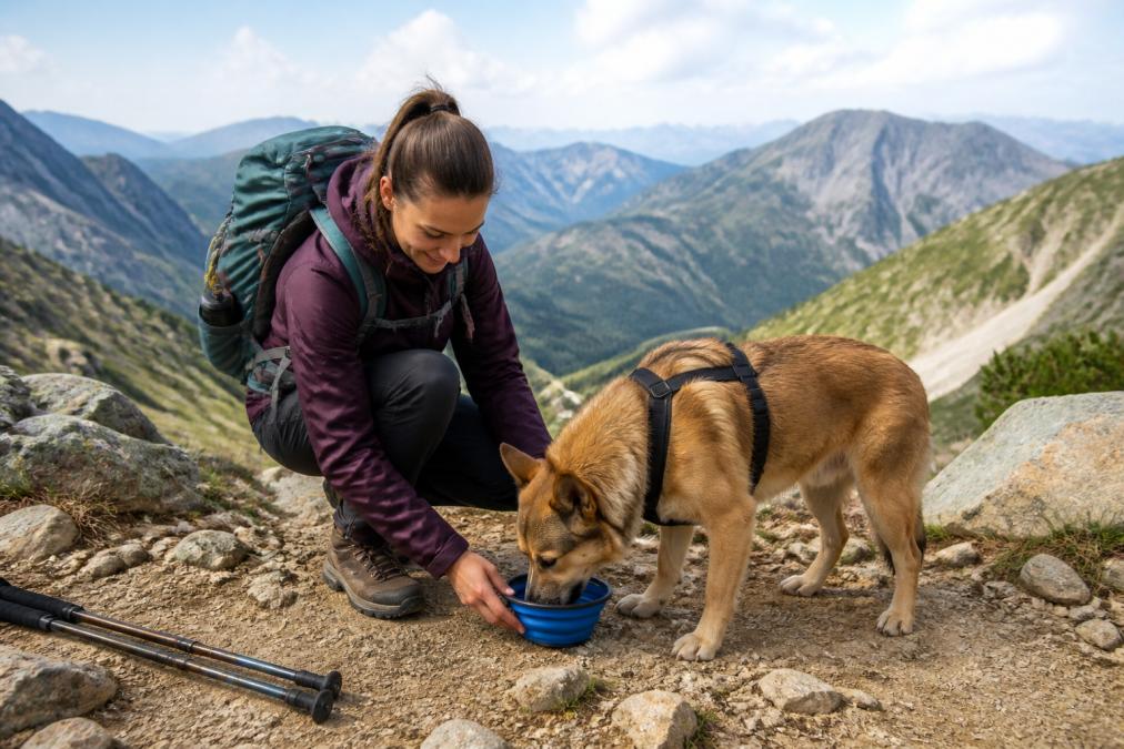 Hiker with backpack standing at a mountain trail rest stop with a dog drinking from a collapsible silicone bowl, hiking gear and scenic mountain vista visible in background