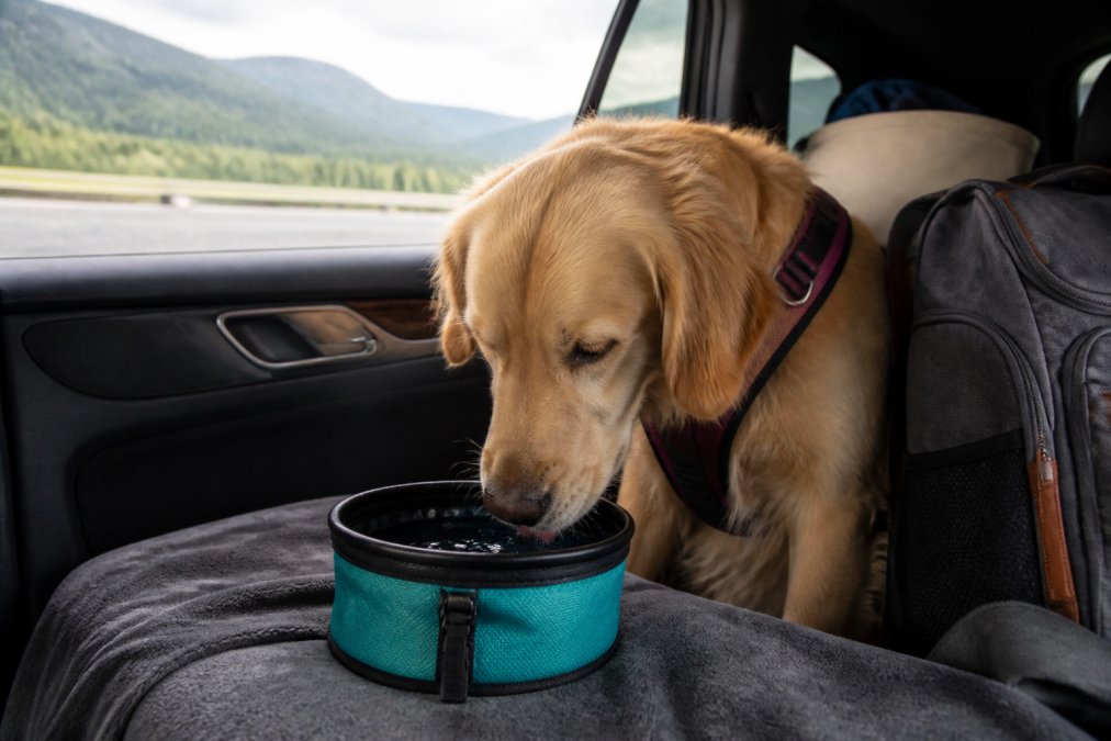 Dog drinking from a portable spill-proof water bowl inside a car at a rest stop, with scenic highway landscape visible through the window and travel gear in the background