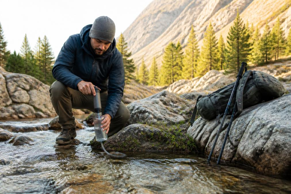 Hiker using a squeeze water filter to fill a bottle from a clear mountain stream in the morning light
