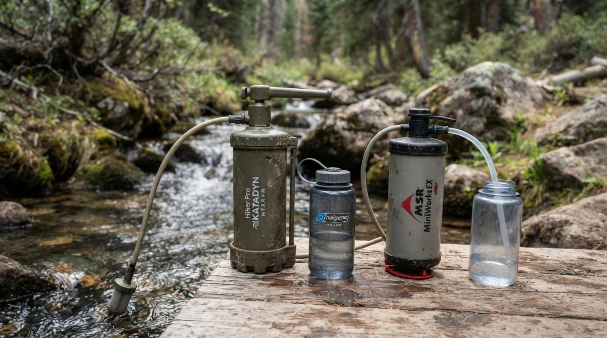 Visual comparison chart showing hunter and camouflage and clothing concepts for portable water filters