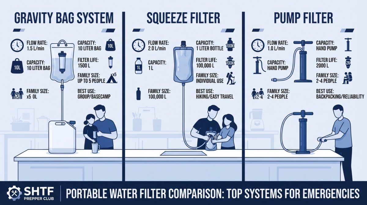 Family members in a home setting with various portable water filters, squeeze bottles, and gravity systems displayed on a kitchen counter, showing different filtration methods side by side with natural lighting