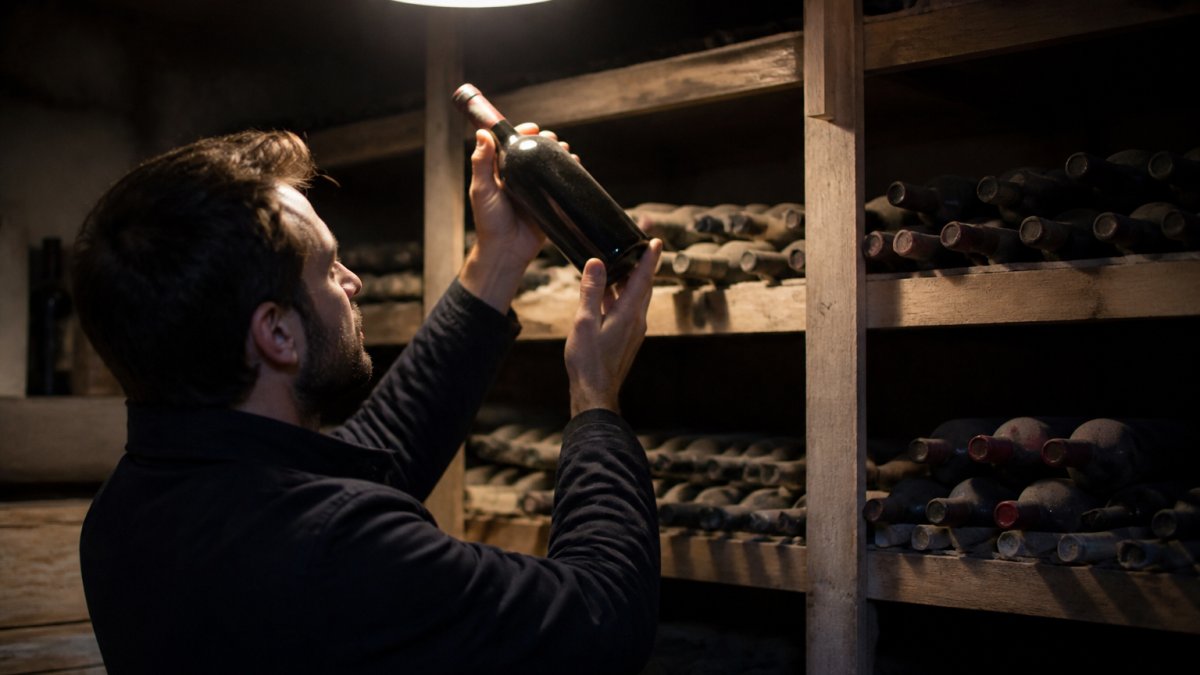 A wine buyer in a dimly lit cellar holding a bottle of Portuguese red up to a single overhead lamp, dusty bottles stacked on wooden shelves behind