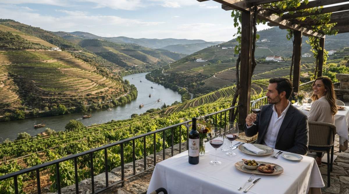Terraced vineyards cascading down steep hillsides in the Douro Valley with the river winding through the valley below, golden hour lighting illuminating the stone walls