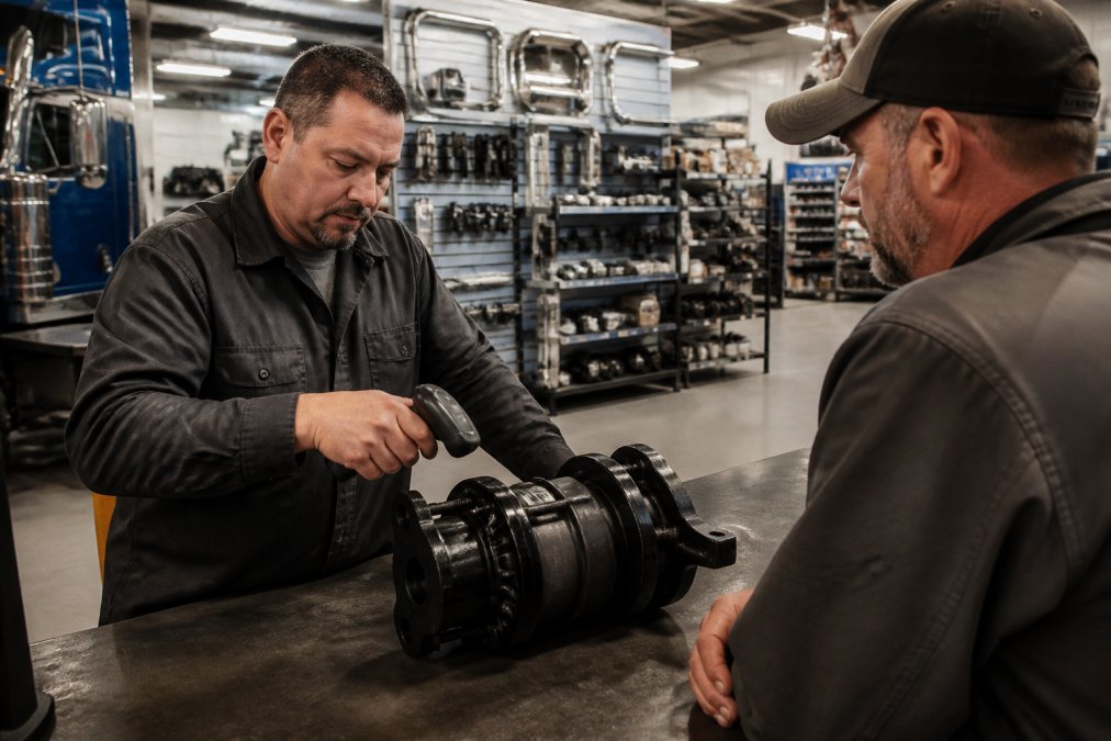 A parts counter employee scanning a barcode on a heavy-duty truck component while a customer waits, with shelves of truck parts visible in the background