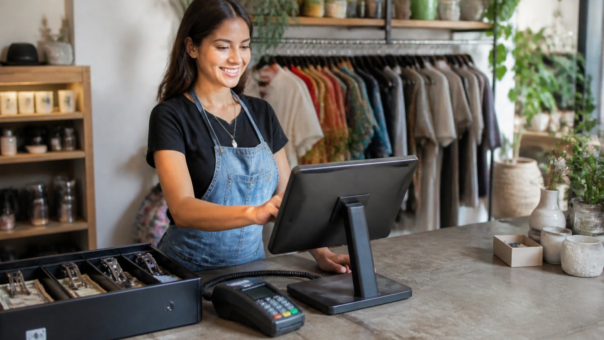 Retail store owner using a touchscreen terminal among modern POS systems at a checkout counter