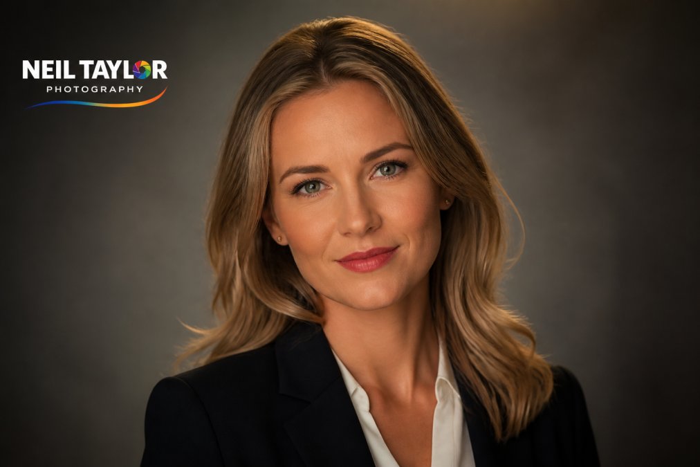 Close-up portrait of confident professional with relaxed shoulders, head tilted slightly, direct eye contact to camera, neutral background with soft studio lighting showing natural expression and good posture