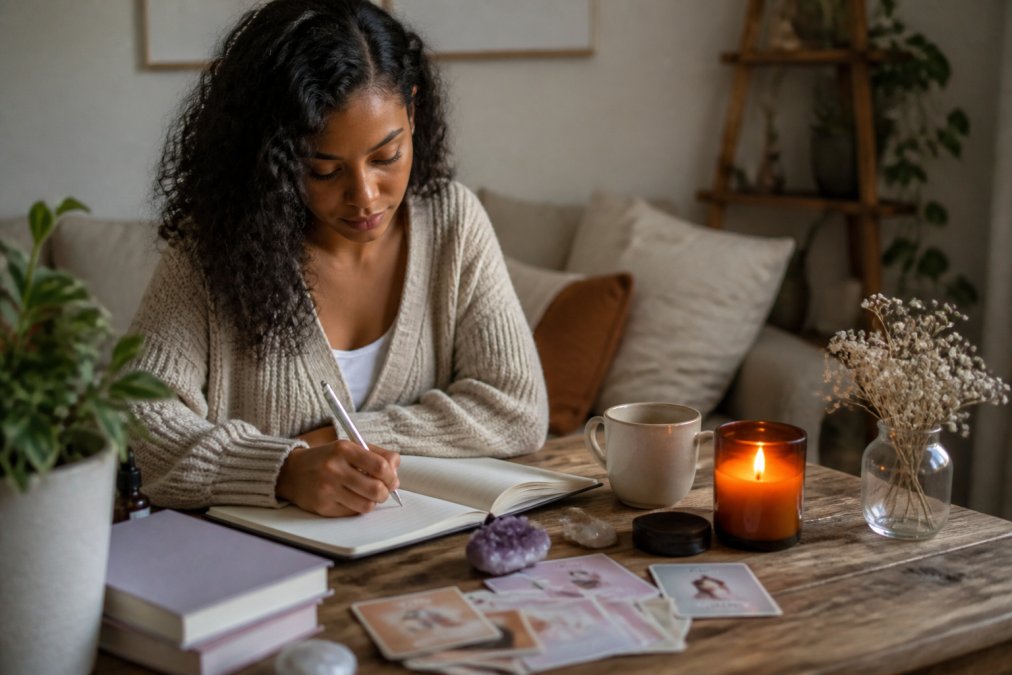 Woman writing in a journal near a candle and affirmation cards to support a routine built with positive psychology apps.