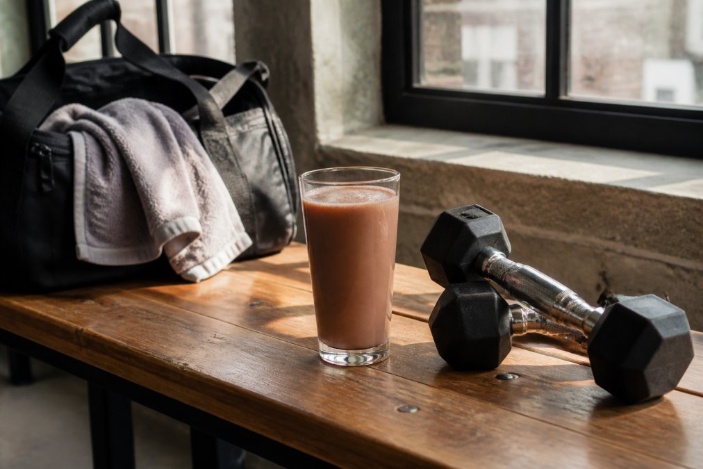 A tall glass of chocolate milk sitting on a wooden gym bench beside a pair of dumbbells and a duffel bag, warm natural light through a window