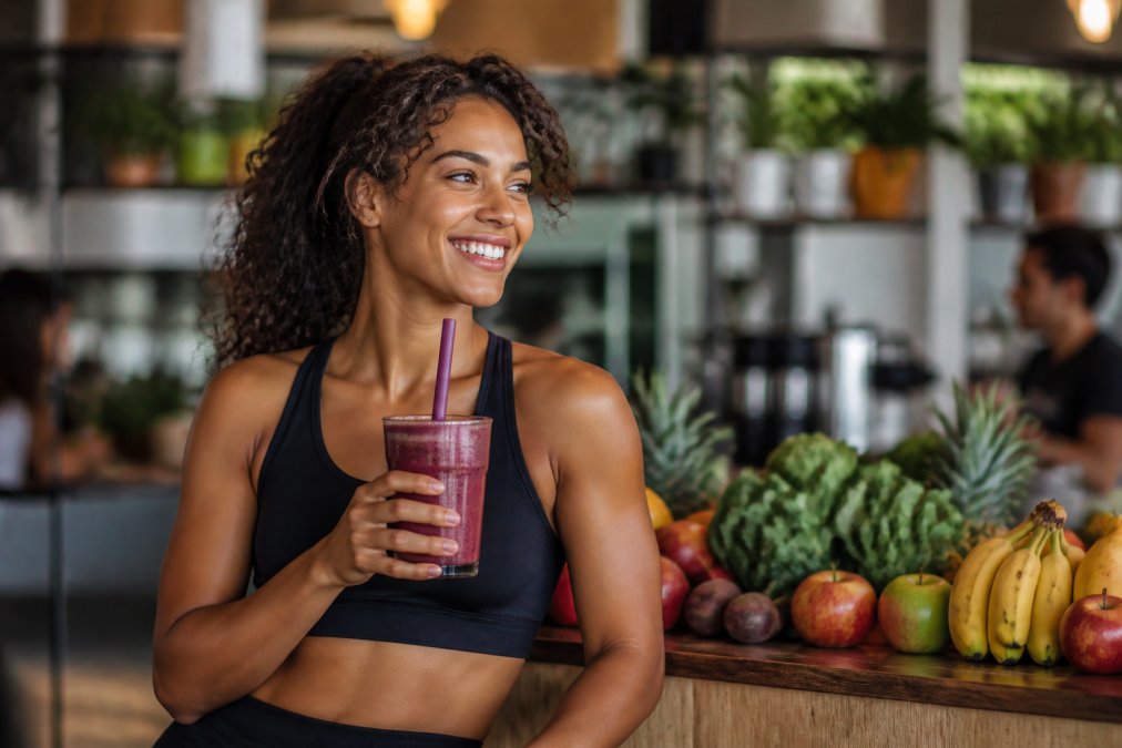 A person in athletic wear holding a freshly blended, vibrant smoothie in a glass cup, with a background of fresh fruits and vegetables in a bright, modern juice bar