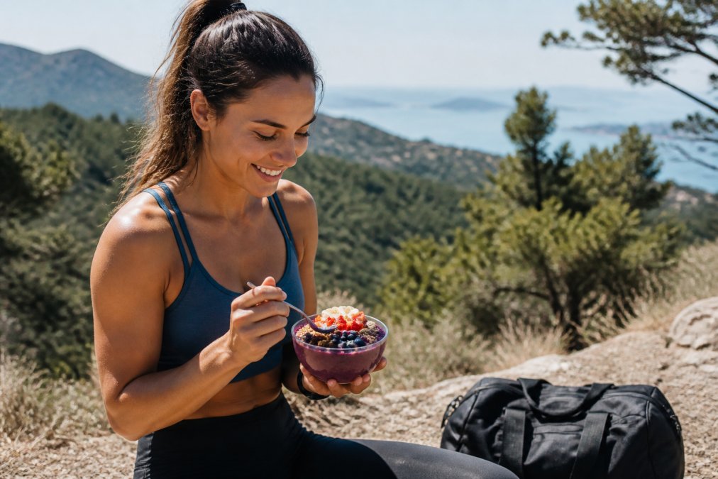 Active person in workout clothes sitting outdoors after exercise, holding a vibrant açai bowl filled with fresh fruit toppings, with a gym bag nearby on a sunny Marin County trail