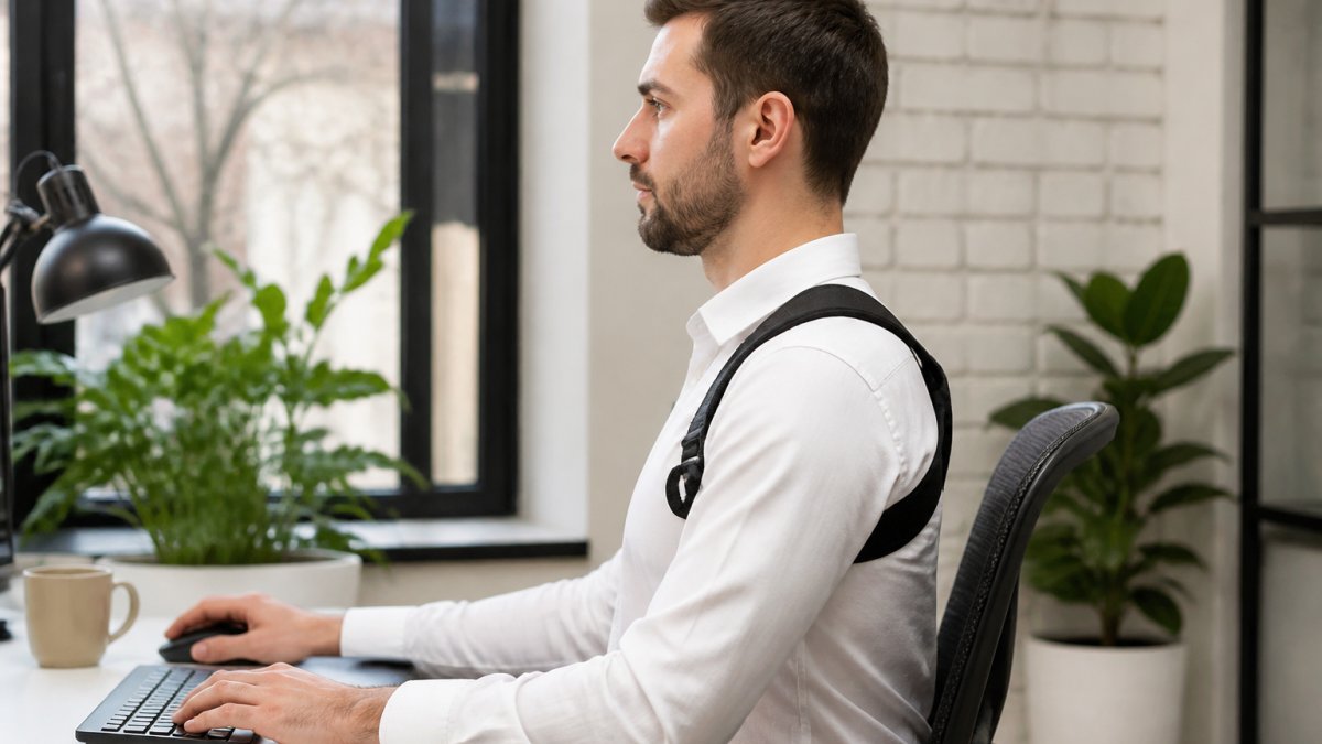Professional demonstrating proper neck alignment while wearing posture trainer at ergonomic workstation with natural office lighting