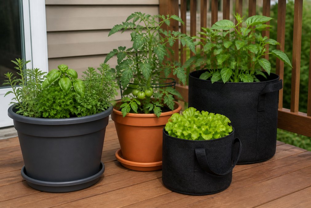 A bright patio scene with various container gardening pots arranged on a wooden deck, showcasing plastic, terracotta, and fabric grow bags with healthy green plants