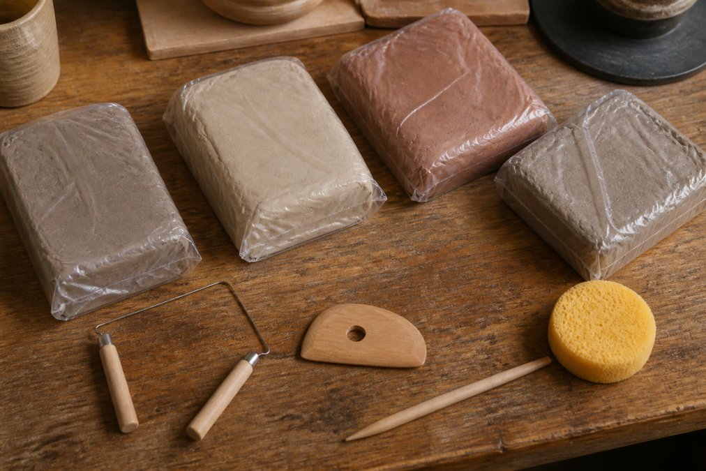 Several labeled bags of pottery clay arranged on a wooden workbench alongside basic pottery tools including a wire cutter, wooden rib, and sponge, shot from above in warm natural light