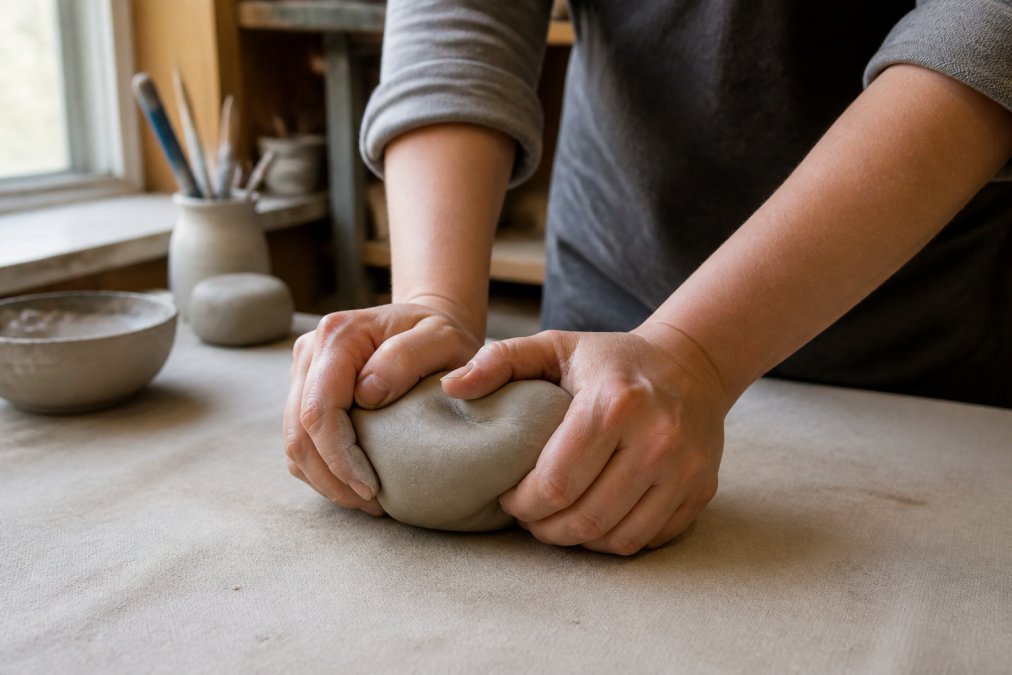 Close-up of a beginner's hands wedging a ball of gray stoneware clay on a canvas-covered pottery table, using the ram's head kneading technique, with soft studio lighting from a window to the left
