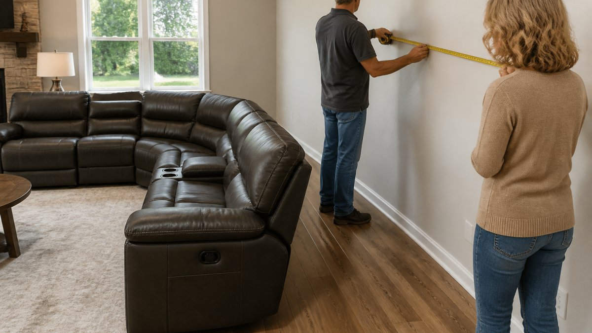 A couple measuring a living room wall with a tape measure while a large leather sectional sits nearby, showing clearance space behind the seats