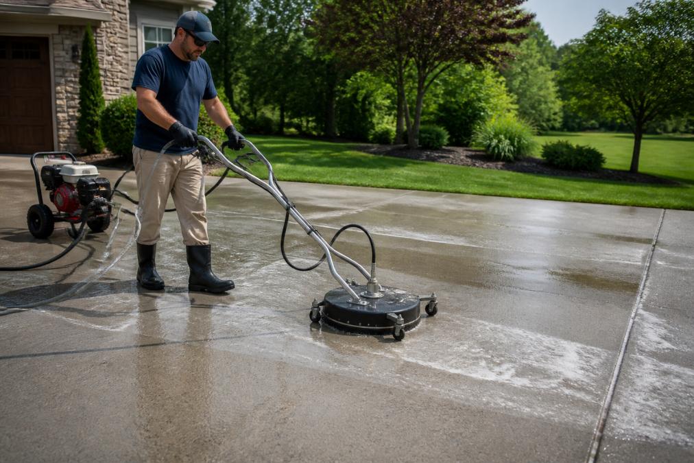 A homeowner using a gas-powered pressure washer with a circular surface cleaner attachment on a wide concrete driveway, water spraying visibly across the grey concrete surface, sunny residential backyard setting with green lawn in the background
