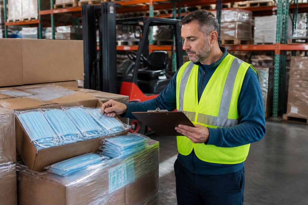 Warehouse manager inspecting a pallet of boxed face masks on a clipboard