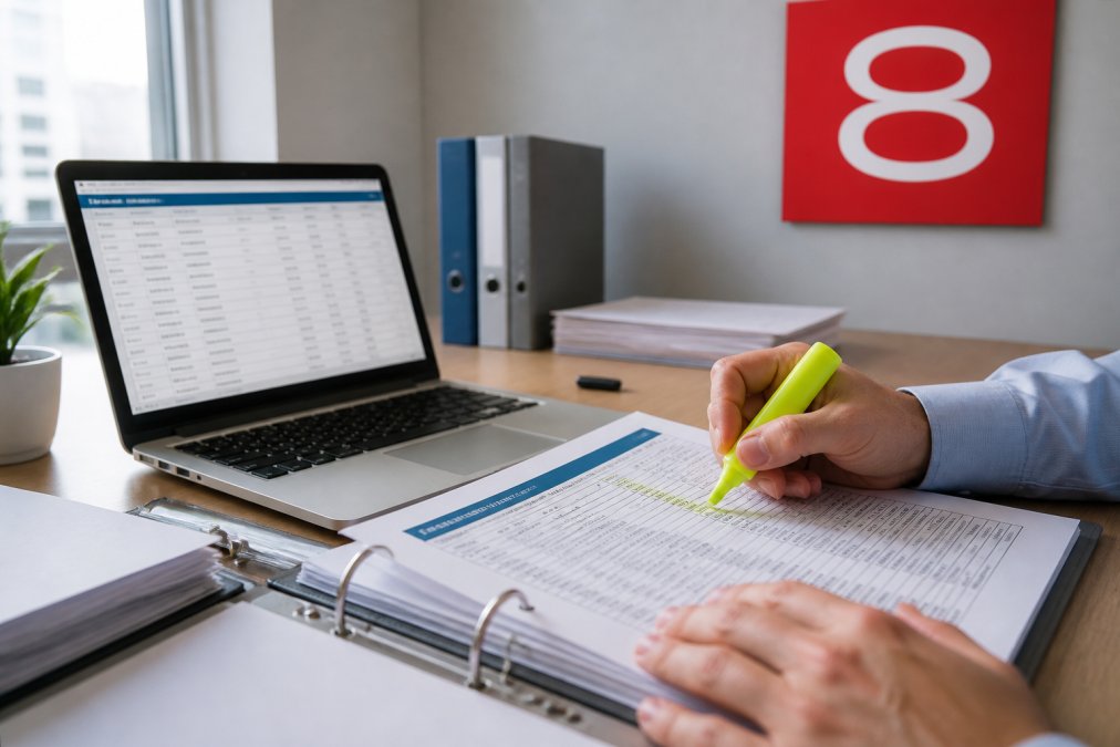 Close-up of a compliance analyst's hands annotating a printed control list with a highlighter beside a laptop showing a classification database, bright office daylight