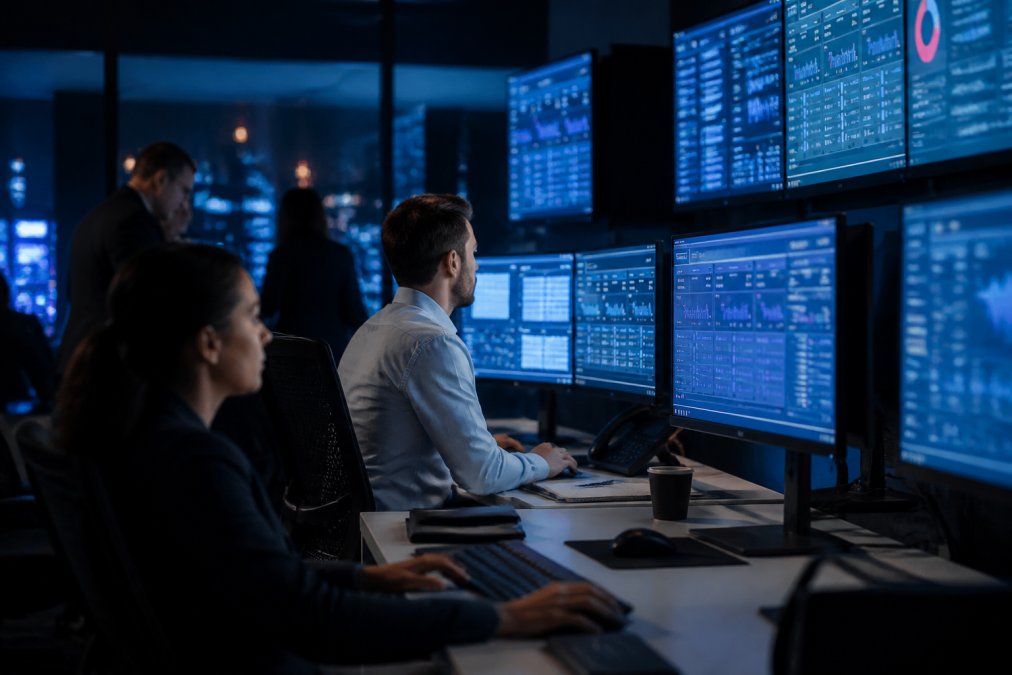 Security team monitoring multiple AI agent dashboards in a control room with real-time alert displays and authentication logs visible on screens, professional office setting with blue lighting from monitors