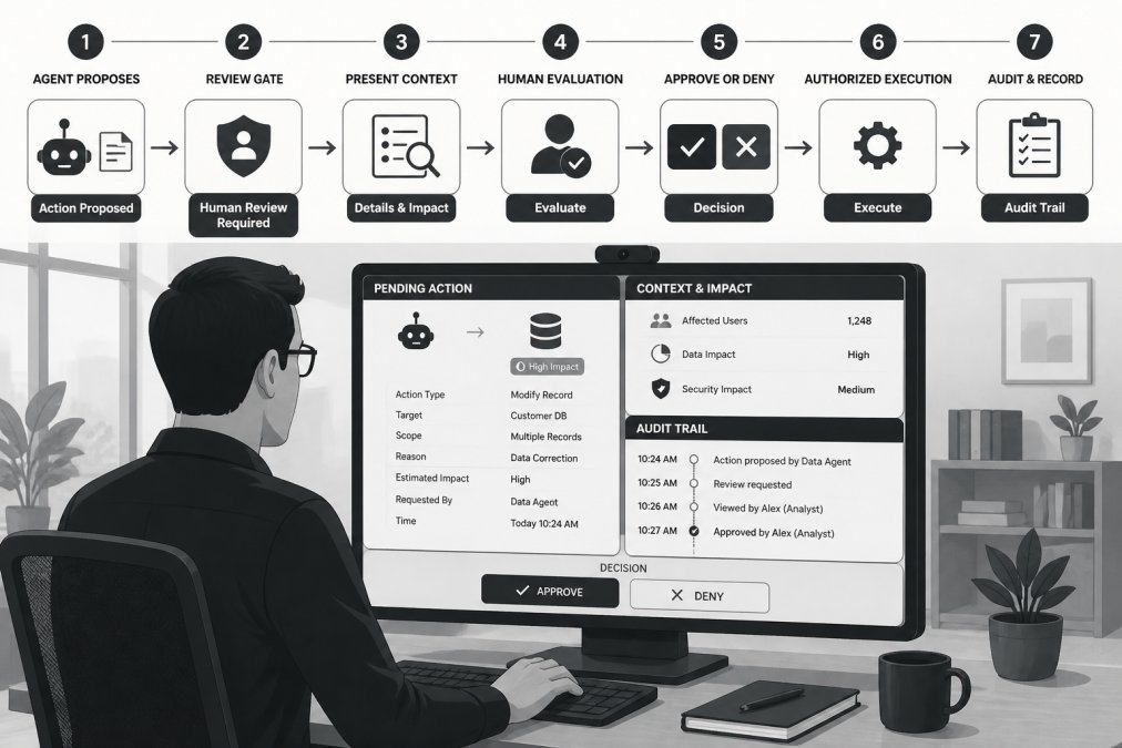 IT professional at workstation reviewing and approving an autonomous agent action on screen, showing authorization workflow interface with approval buttons and audit trail visible, modern office setting with natural lighting