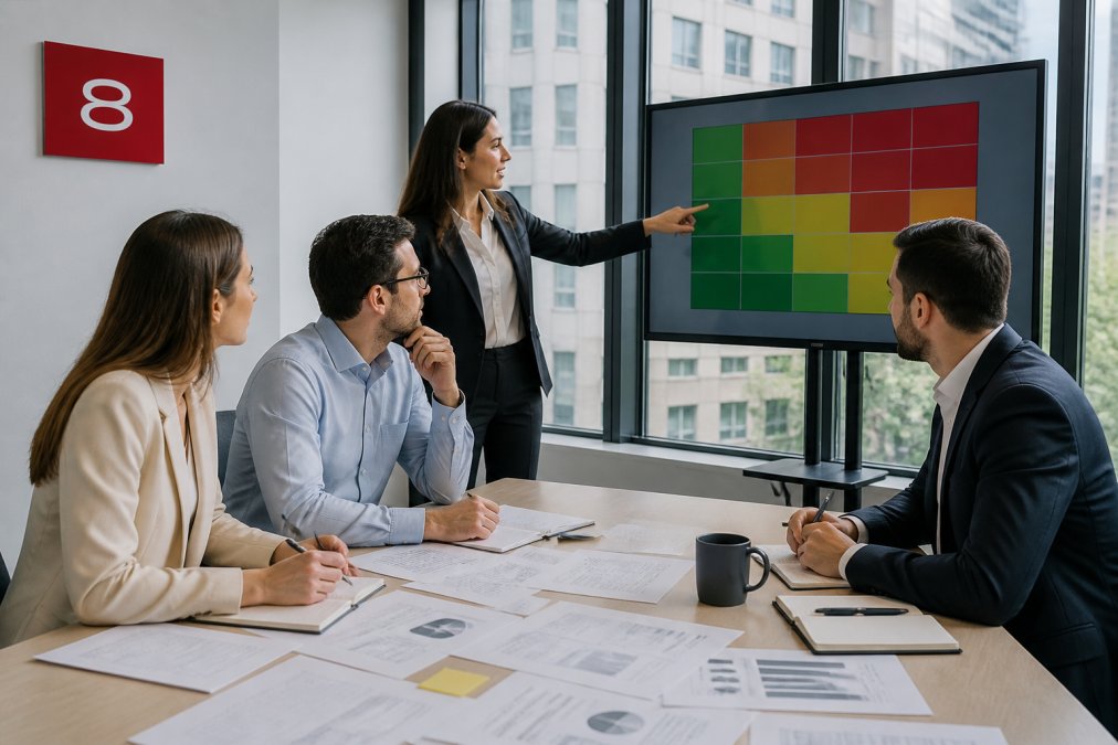 Compliance team analyzing a risk heat map to strengthen their anti-bribery defense during an operational review.