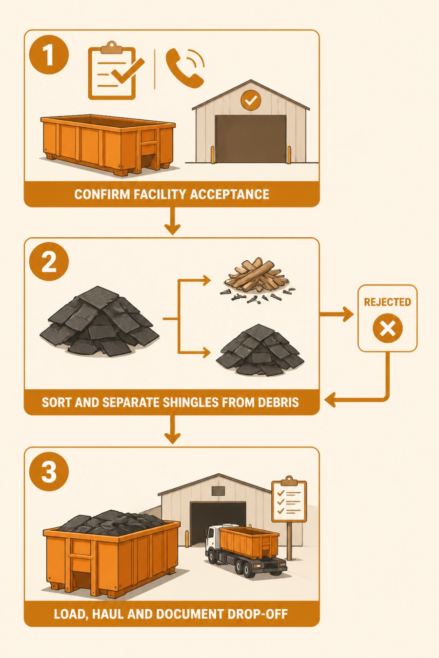 Three-step flowchart outlining the asphalt shingle recycling process from facility acceptance to final drop-off.