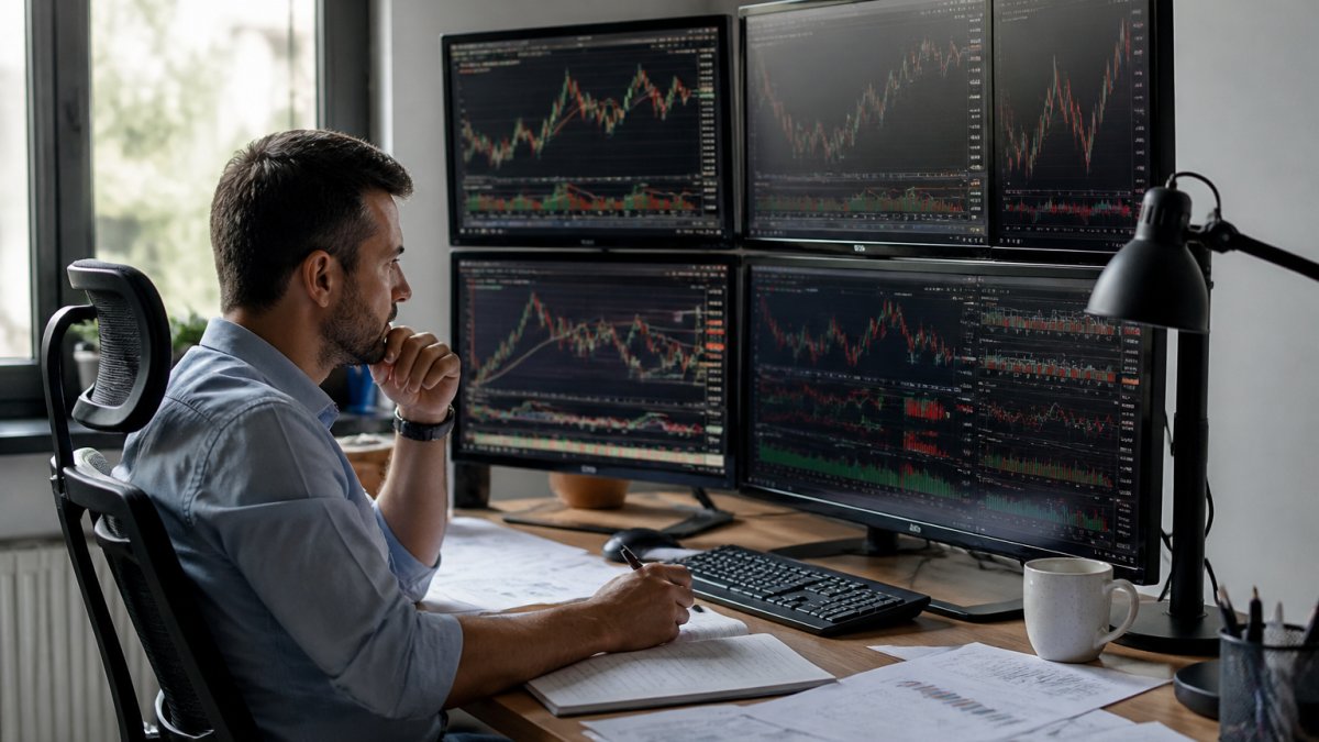 Professional trader at desk with multiple monitors displaying trading charts, performance metrics, and backtest analysis with focused attention and natural office lighting