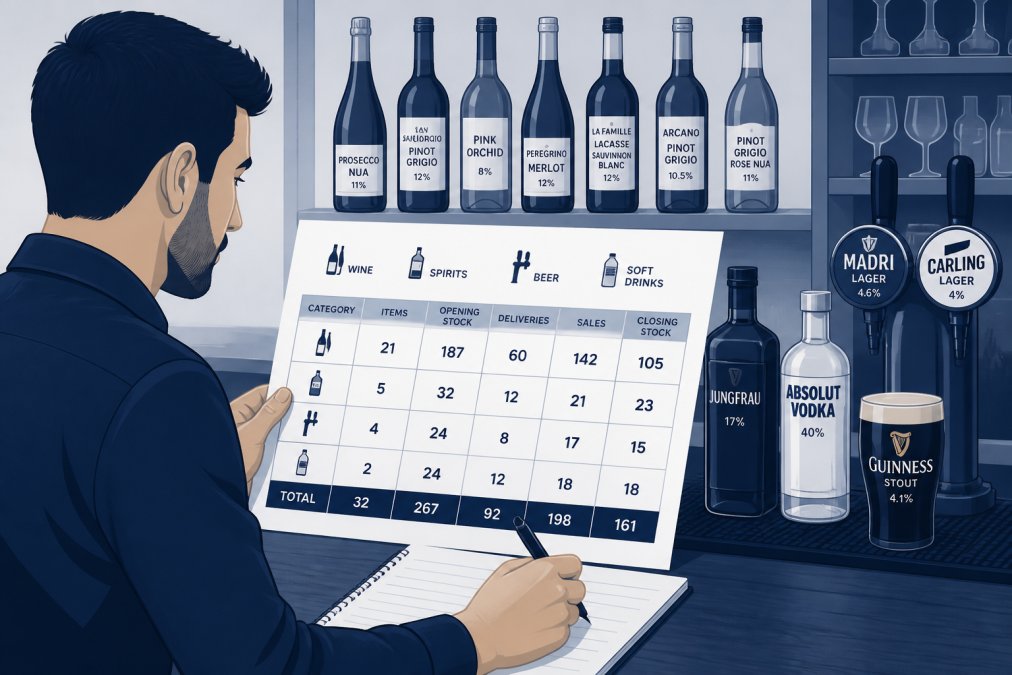 Bar manager reviewing a printed spreadsheet at the bar counter with bottles visible in the background, taking notes with a pen