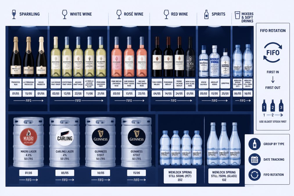 An organized bar shelf with spirits and drinks arranged by type, showing clear labelling and FIFO rotation system in place