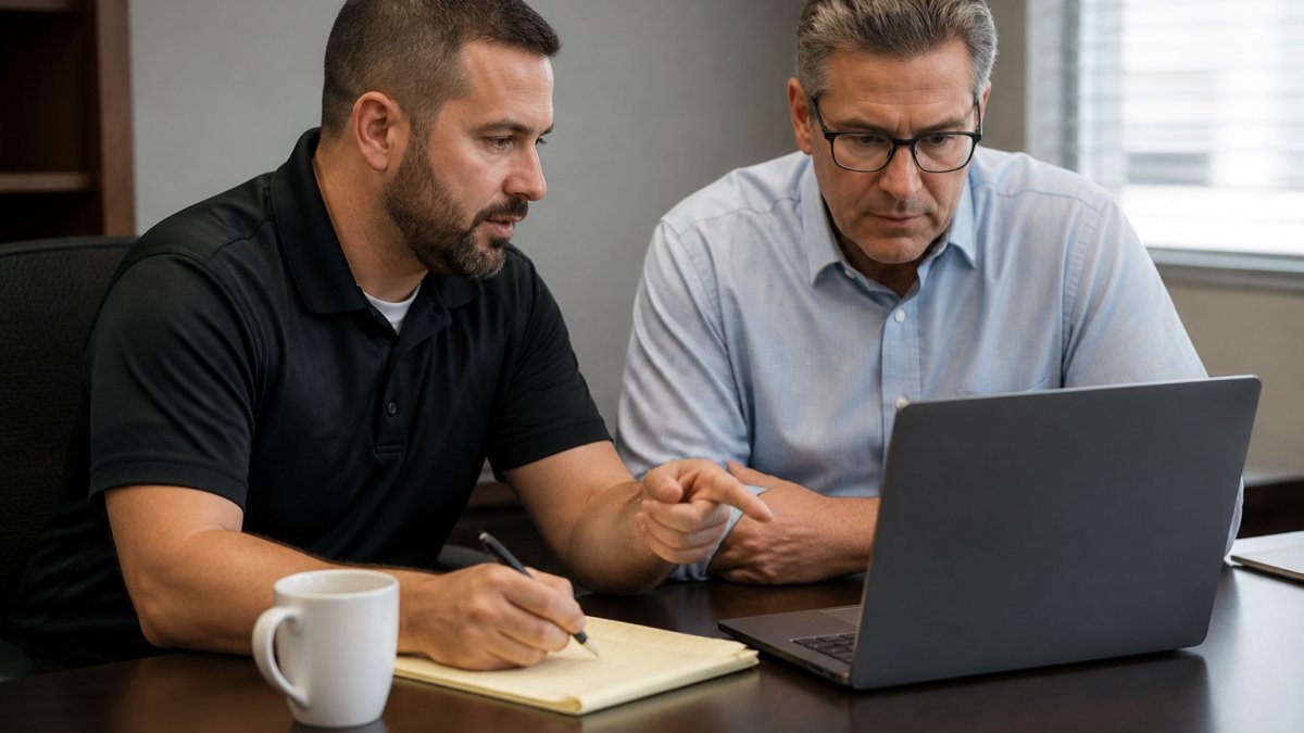 IT consultant and owner reviewing a successful business data backup restore test on a laptop screen