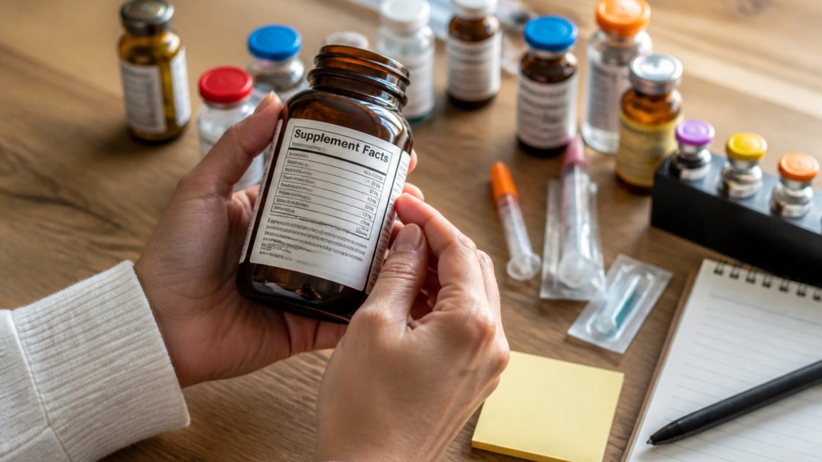 Close-up of hands holding a vitamin bottle while examining the supplement facts label and ingredient list in natural lighting