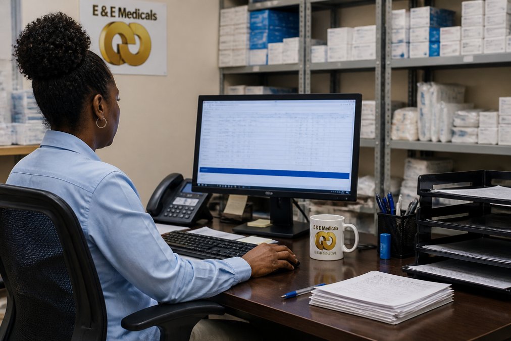 Purchasing agent reviewing a digital clinical supply procurement dashboard in a hospital office setting