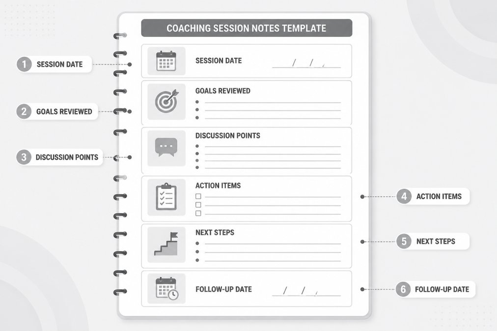Annotated diagram of a coaching session notes template with labeled fields: session date, goals reviewed, discussion points, action items, next steps, and follow-up date
