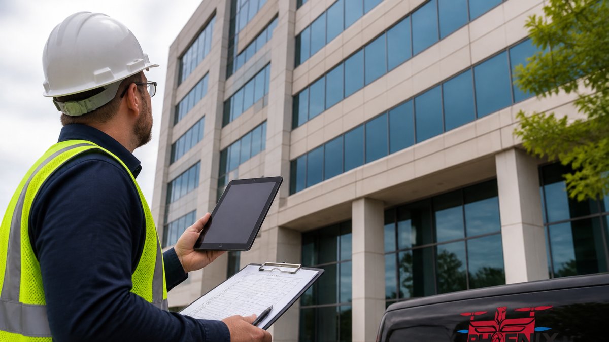 A commercial building inspector in a hard hat and safety vest examining the exterior of a mid-rise office building, holding a tablet and clipboard with a checklist