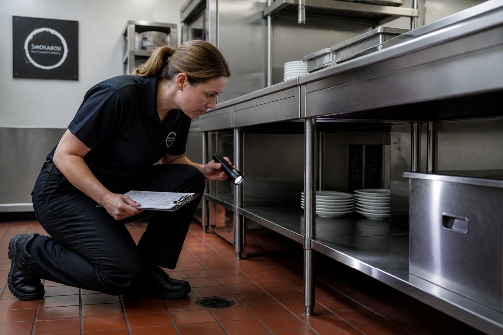A commercial kitchen manager in a clean facility inspecting under stainless steel prep counters with a clipboard and flashlight, checking for pest entry points and sanitation issues