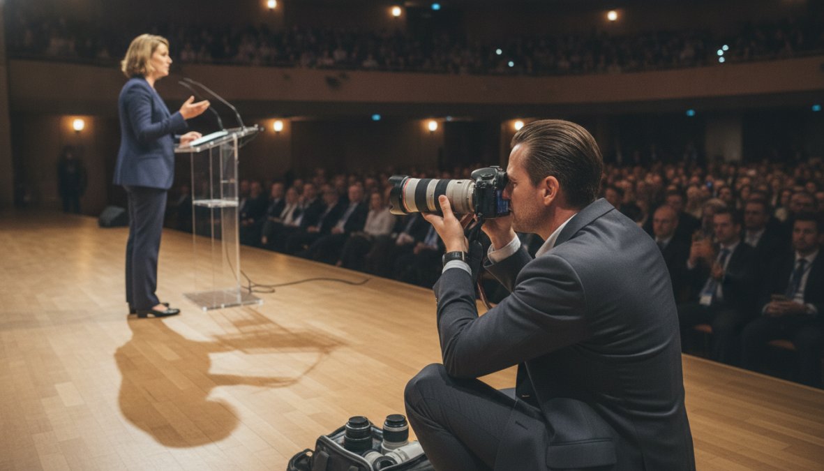 A professional conference photographer crouching at the edge of a large stage, capturing a keynote speaker presenting at a podium with dramatic stage lighting and a packed audience visible in the background, shot from a low angle with a long telephoto lens