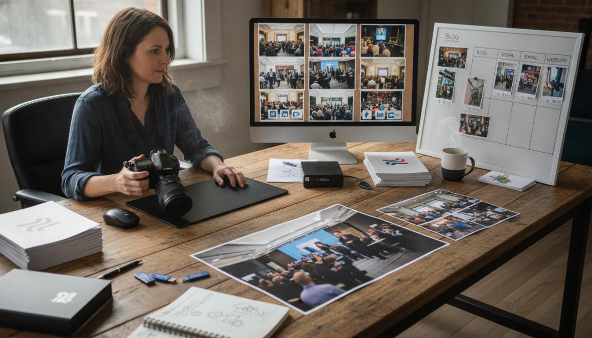 A marketing professional at a bright modern desk reviewing high-resolution conference photos on a large monitor, with a branded event gallery and social media scheduling dashboard visible on screen, warm office lighting