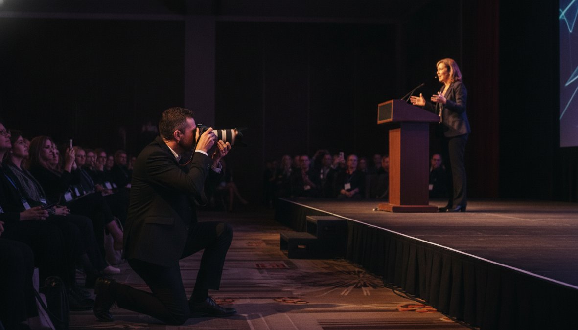 A professional photographer in a dark conference ballroom, crouching low with a telephoto lens aimed at a keynote speaker illuminated by warm stage lighting, rows of seated attendees visible in the soft background
