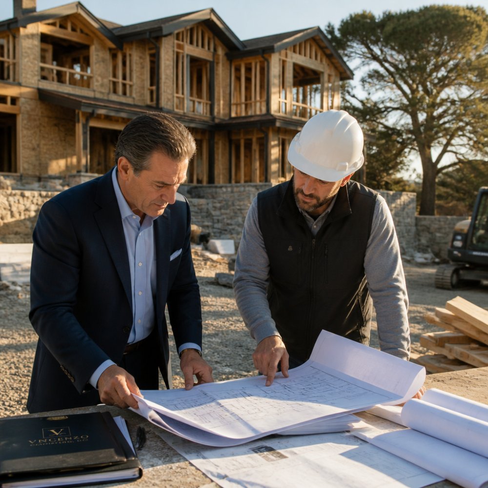 Construction executive and superintendent reviewing blueprints for construction management on a luxury home site