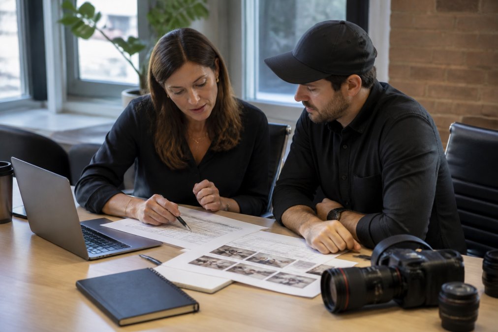 Marketing director and producer reviewing a corporate videography shot list and project timeline in an office