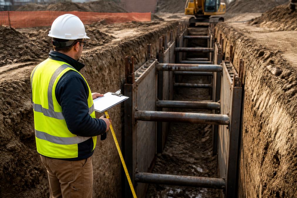 Competent person in high-visibility safety gear and hard hat inspecting a deep trench with installed steel hydraulic shoring systems, holding a clipboard and measuring tape, natural daylight illuminating the excavation site