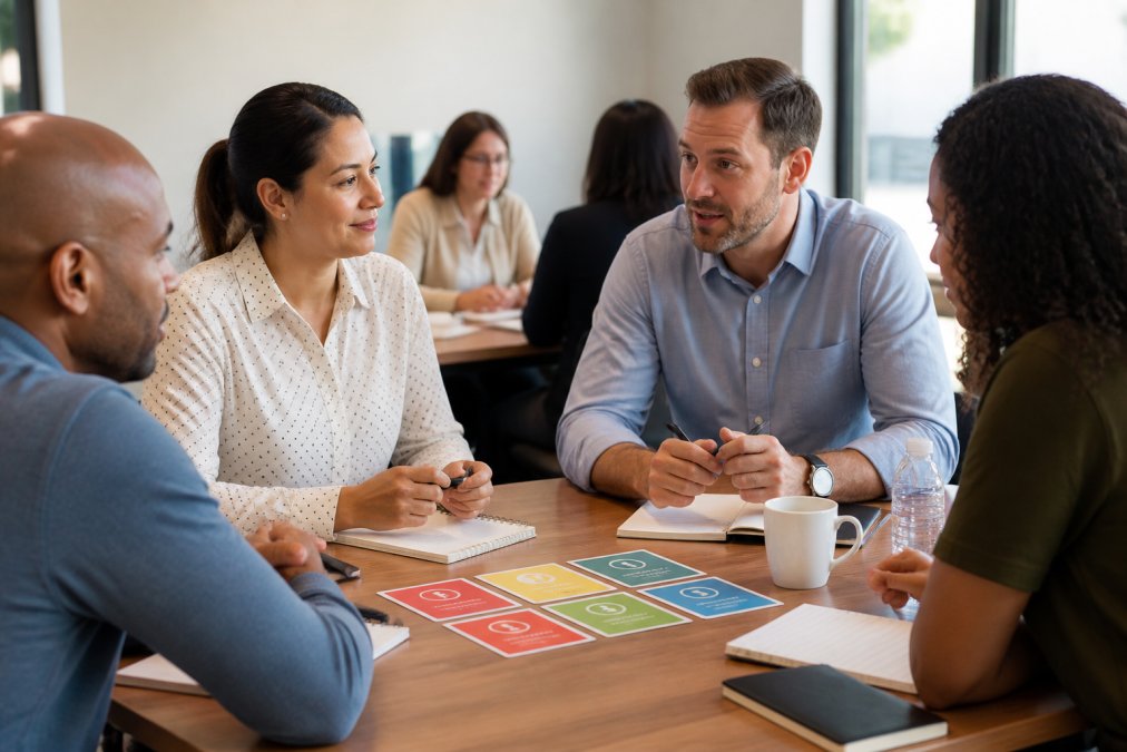 Professional illustration showing disc assessment team workshops