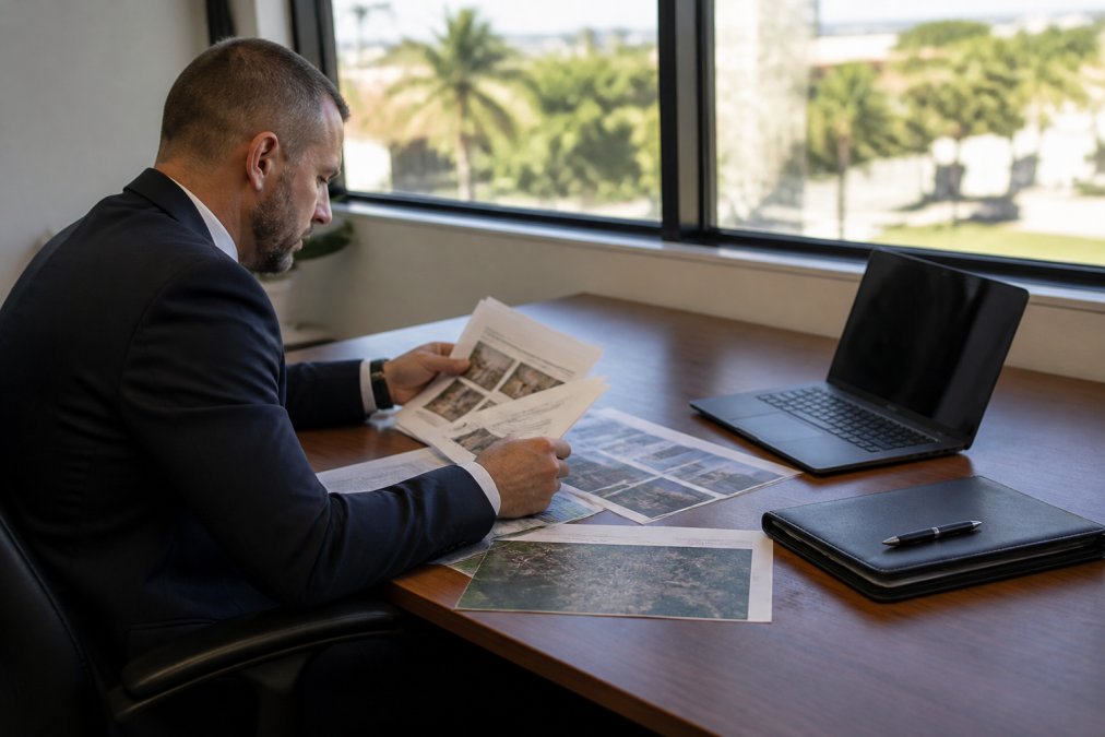 Security professional reviewing executive protection threat assessment data and route maps in an office