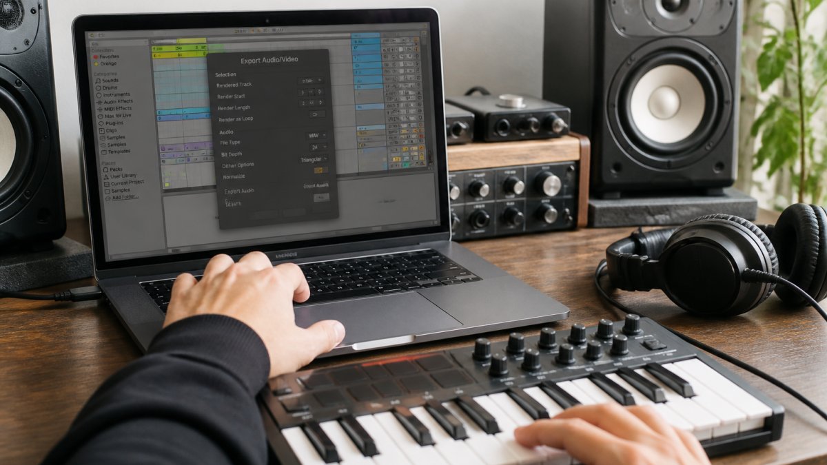 A music producer sitting at a home studio desk, one hand on a laptop showing a DAW export dialog and the other on a small MIDI keyboard, studio monitors and headphones visible in the background