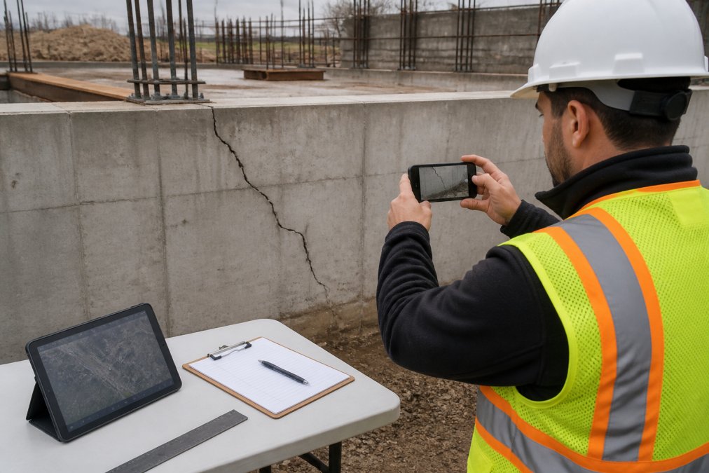 Inspector photographing a cracked foundation for georeferencing field photos on a digital mapping interface