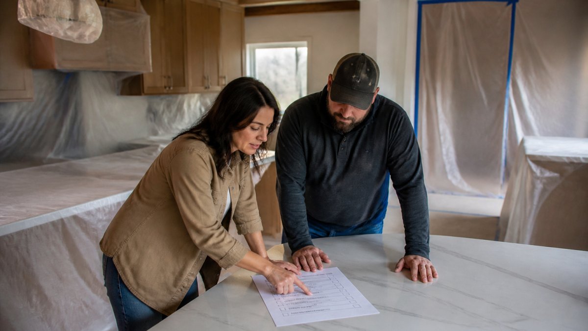 A homeowner and contractor reviewing a printed checklist on a kitchen island, with furniture covered in protective plastic sheeting and dust barriers visible in the background of a home under renovation