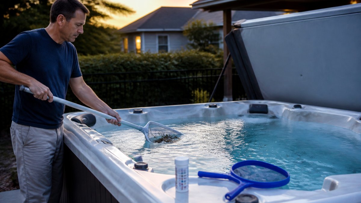 Homeowner in casual clothes skimming debris from a backyard hot tub at dusk, cover propped open, test strips and a skimmer net resting on the spa ledge