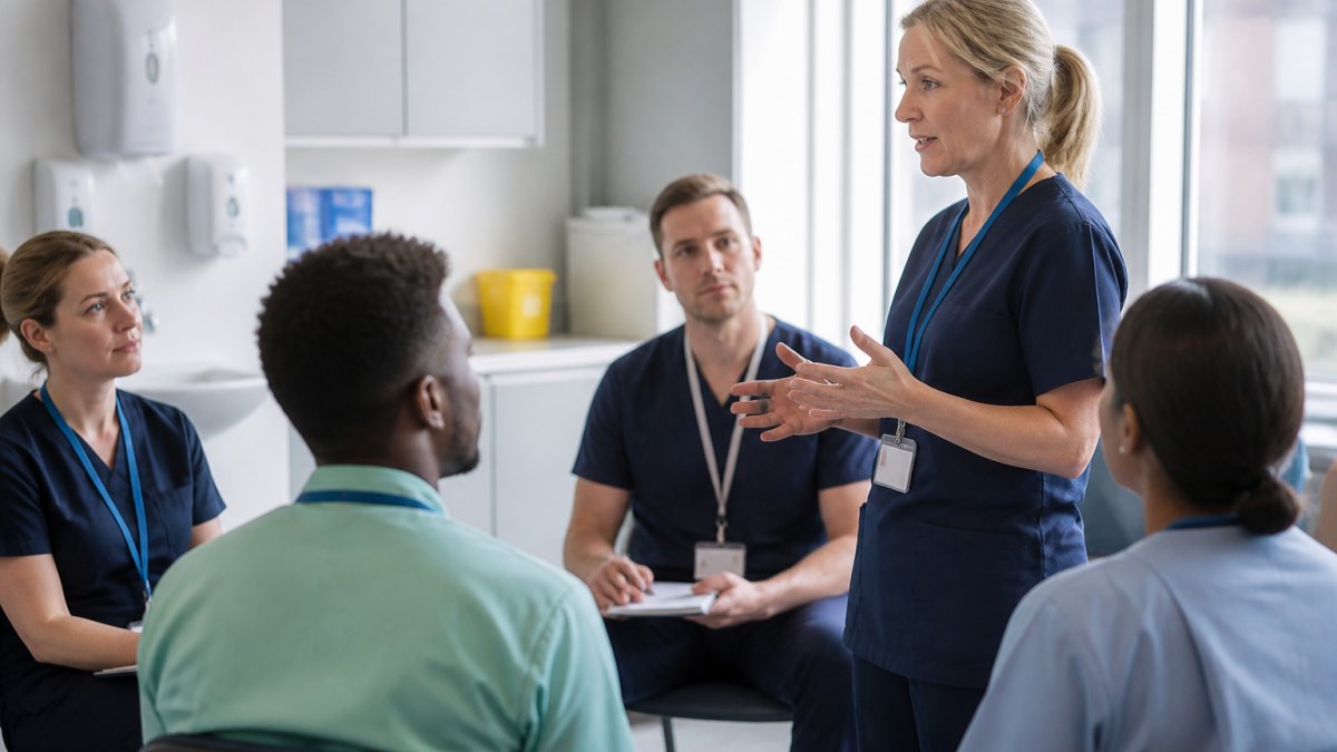 Professional demonstrating in-house management training techniques in a bright, modern clinical setting