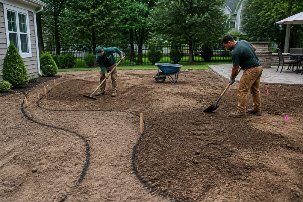 A landscape crew in work clothes and gloves grading a residential backyard with shovels and a wheelbarrow, freshly marked bed lines visible in the soil, house and trees in the background on a clear day