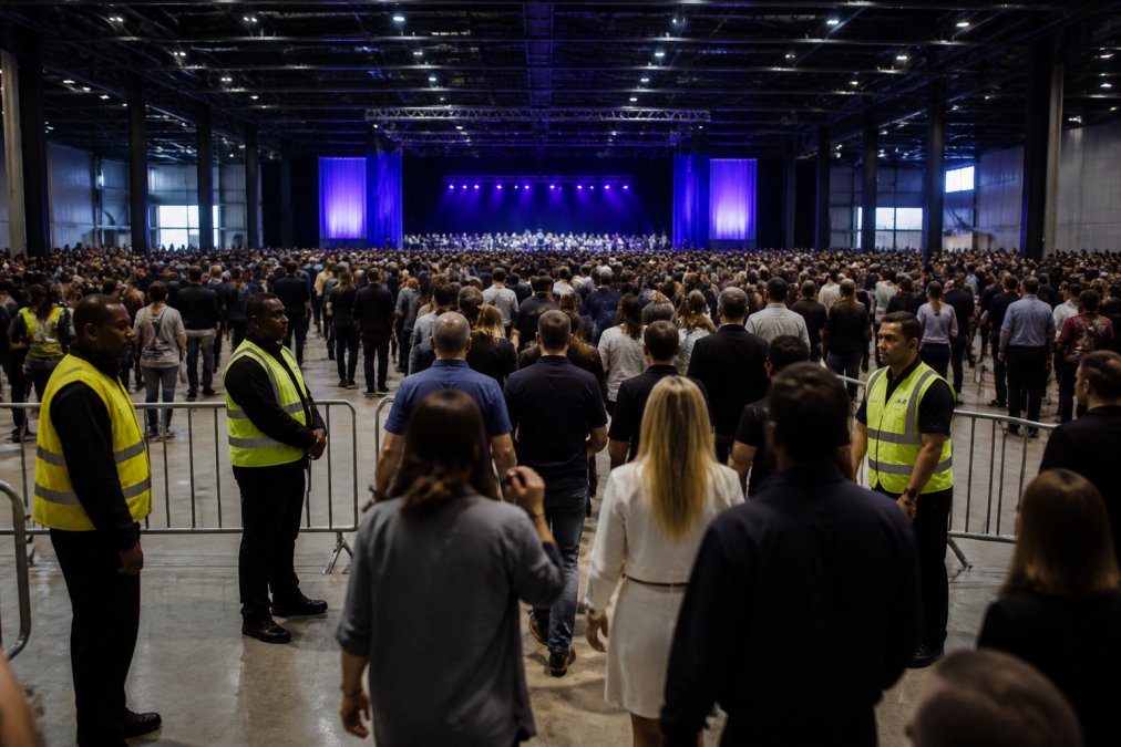 A wide shot of a large, well-organized corporate event in a spacious venue with attendees moving through clearly marked entry and exit points, security staff visible, and a stage in the background